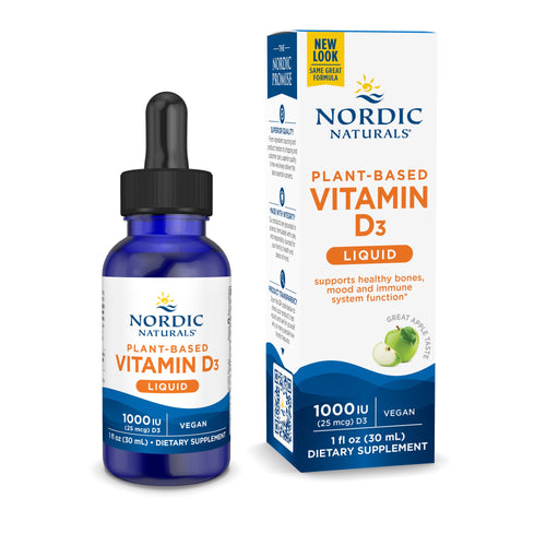 Flasche und Verpackung von Nordic Naturals pflanzlichem Vitamin D3 Liquid. 1000 IU, vegan, 30 ml. Unterstützt Knochen, Stimmung und Immunsystem.