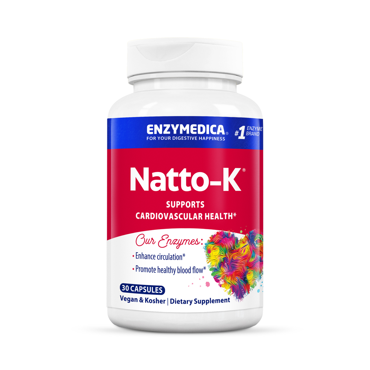 Das Bild zeigt eine weiße Plastikflasche mit einem roten Etikett. Auf dem Etikett steht groß "Natto-K" und darunter "Supports Cardiovascular Health". Oben auf dem Etikett ist der Markenname "Enzymedica" zu sehen. Am unteren Rand des Etiketts stehen die Worte "Vegan & Kosher | Dietary Supplement". Ein buntes Herz ist ebenfalls auf dem Etikett abgebildet. Die Flasche enthält 30 Kapseln.