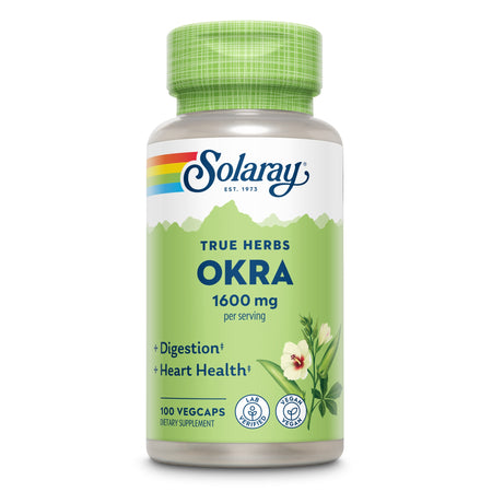 Grüne Flasche mit Etikett 'Solaray True Herbs Okra 1600 mg'. Unterstützt Verdauung und Herzgesundheit. 100 vegane Kapseln.