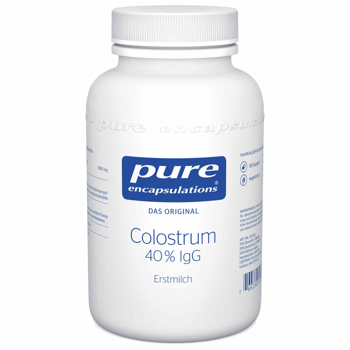Eine weiße Plastikflasche mit Schraubverschluss. Auf dem Etikett steht 'pure encapsulations Colostrum 40% IgG'. Die Flasche enthält 90 Kapseln. Das Produkt ist für Vegetarier geeignet.