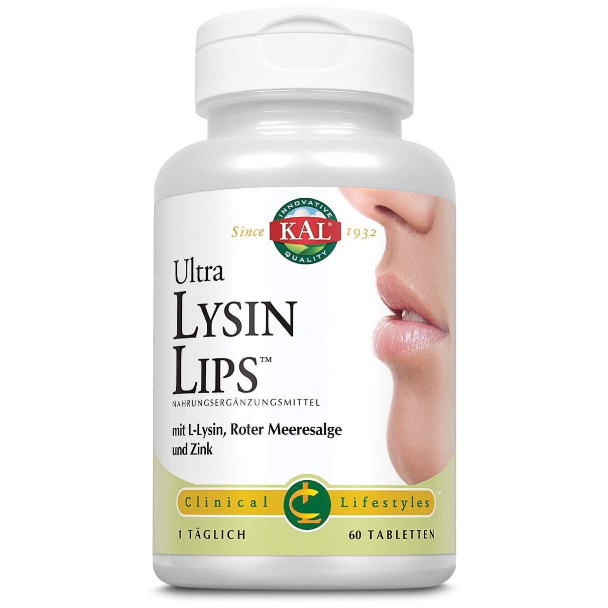Das Bild zeigt eine weiße Plastikflasche mit einem Etikett. Auf dem Etikett steht 'Ultra Lysin Lips', ein Nahrungsergänzungsmittel mit L-Lysin, roter Meeresalge und Zink. Oben auf dem Etikett ist das Logo 'KAL' zu sehen. Ein Teil eines Gesichts mit Lippen ist ebenfalls abgebildet.