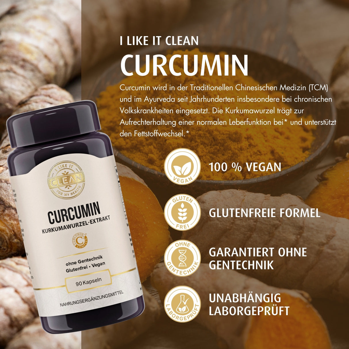 Das Bild zeigt zwei nebeneinander stehende Flaschen, die in der Mitte durch eine vertikale Linie getrennt sind. Links ist eine braune Flasche mit Etikett, auf dem "Curcumin" steht, und rechts eine weiße Flasche ohne Etikett. Links sind positive Eigenschaften wie "patentierter Markenrohstoff" und "sehr gute Resorption" aufgelistet, während rechts negative Eigenschaften wie "nicht klinisch getestet" und "geringere Aufnahme" stehen. Der Hintergrund ist beige.