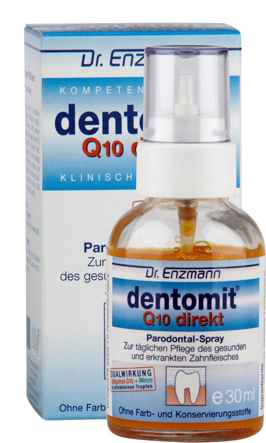 Das Bild zeigt eine Verpackung und eine Flasche des Produkts "Dentomit Q10 direkt" von Dr. Enzmann. Es handelt sich um ein Parodontal-Spray zur Pflege des Zahnfleisches. Die Verpackung ist blau und weiß, die Flasche hat einen weißen Sprühkopf und enthält 30 ml Flüssigkeit. Auf der Verpackung sind Begriffe wie "Kompetenz", "klinisch" und "Dualwirkung" zu lesen. Das Produkt ist ohne Farb- und Konservierungsstoffe.