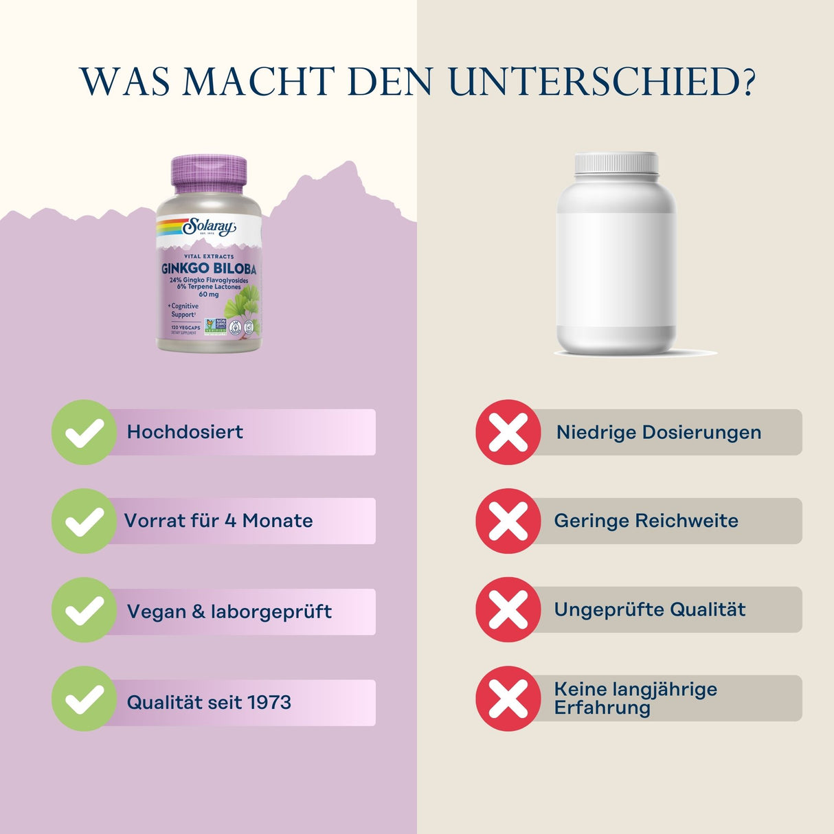 Vergleich von zwei Nahrungsergänzungsmitteln. Links: Solaray Ginkgo Biloba, hochdosiert, 4 Monate Vorrat, vegan, Qualität seit 1973. Rechts: unmarkierte Flasche, niedrige Dosierung, geringe Reichweite, ungeprüfte Qualität, keine Erfahrung.