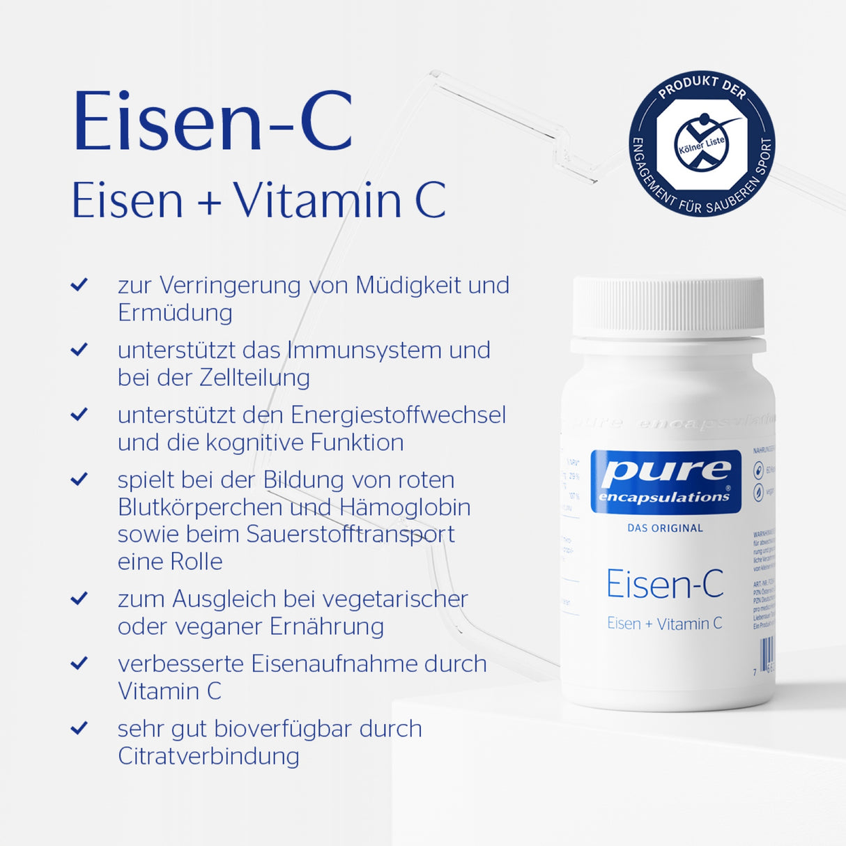 Das Bild zeigt eine Produktverpackung von Pure Encapsulations Eisen-C. Links ist eine Liste von Vorteilen des Produkts auf Deutsch, wie z.B. Unterstützung des Immunsystems und verbesserte Eisenaufnahme durch Vitamin C. Rechts ist die Flasche abgebildet. Oben rechts ist ein Siegel für sauberen Sport zu sehen.