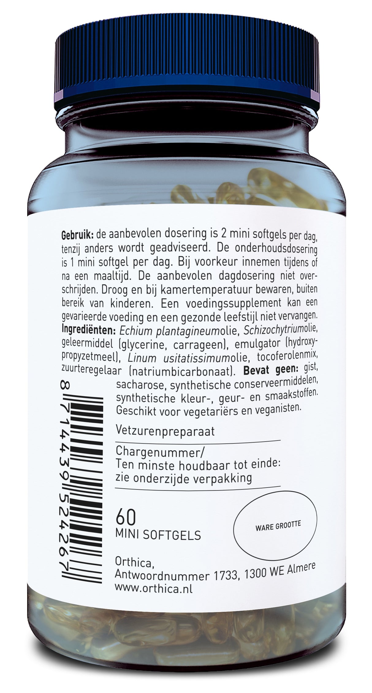 Das Bild zeigt eine Flasche mit Nahrungsergänzungsmitteln. Auf dem Etikett steht in niederländischer Sprache die empfohlene Dosierung, Zutaten und Herstellerinformationen. Die Flasche hat einen blauen Deckel und enthält 60 Mini-Softgels. Der Barcode ist sichtbar.