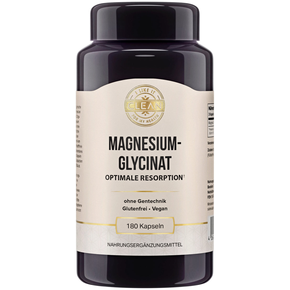 Das Bild zeigt eine dunkelviolette Flasche mit einem weißen Etikett, auf dem "Magnesiumglycinat" steht. Es handelt sich um ein Nahrungsergänzungsmittel mit 180 Kapseln. Auf dem Etikett sind die Worte "Optimale Resorption", "ohne Gentechnik", "Glutenfrei" und "Vegan" zu sehen. Oben auf dem Etikett steht "I like it clean for my health". Die Flasche hat einen schwarzen Deckel.