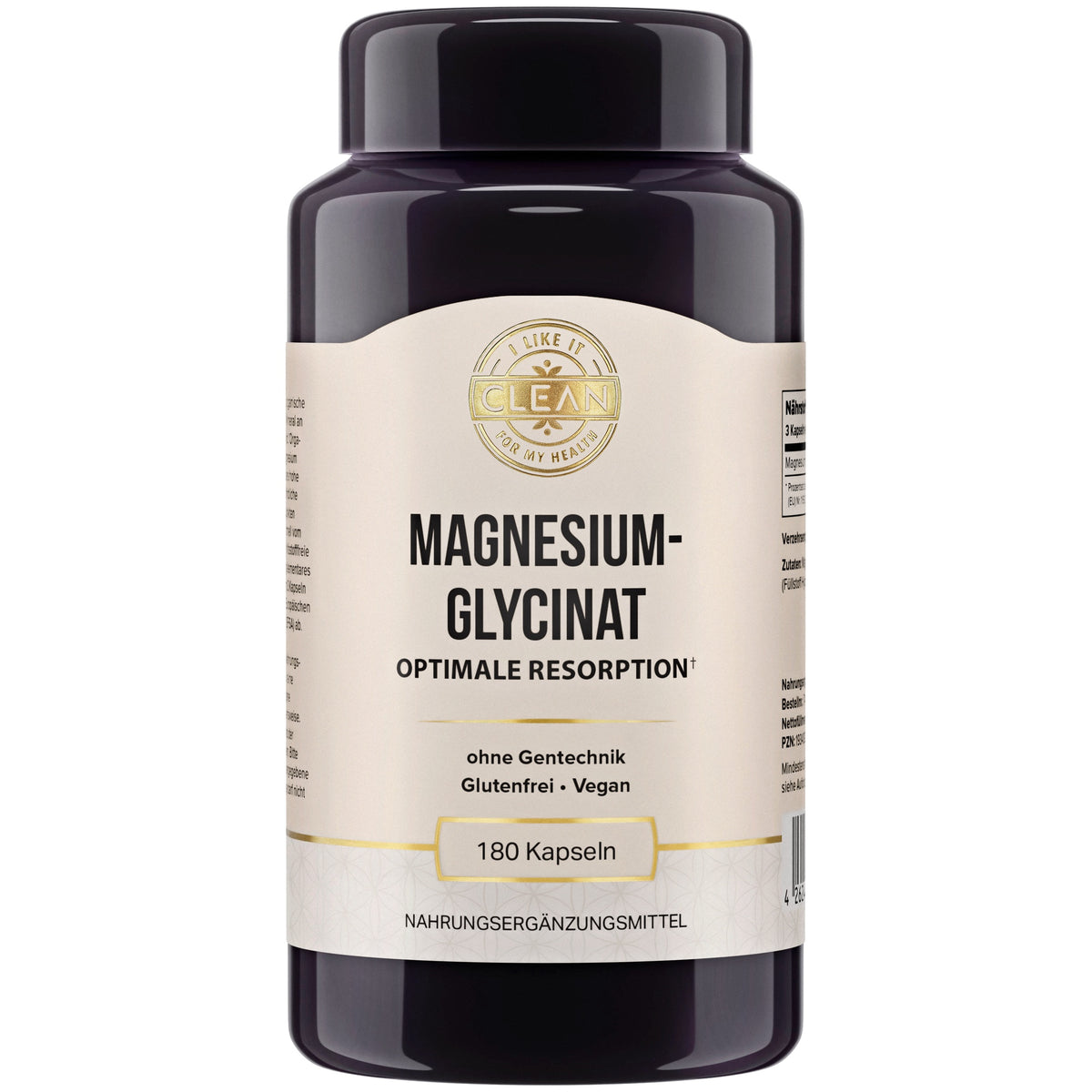 Das Bild zeigt eine dunkelviolette Flasche mit einem weißen Etikett, auf dem "Magnesiumglycinat" steht. Es handelt sich um ein Nahrungsergänzungsmittel mit 180 Kapseln. Auf dem Etikett sind die Worte "Optimale Resorption", "ohne Gentechnik", "Glutenfrei" und "Vegan" zu sehen. Oben auf dem Etikett steht "I like it clean for my health". Die Flasche hat einen schwarzen Deckel.