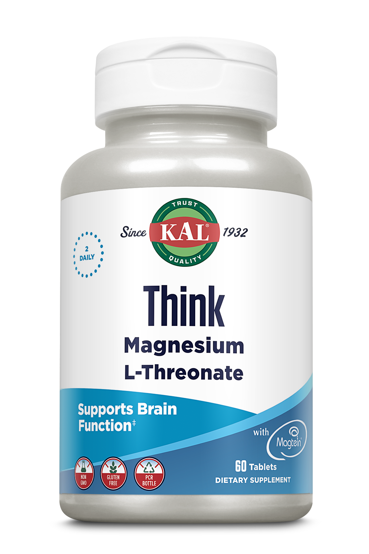 Eine weiße Flasche mit dem Etikett 'Think Magnesium L-Threonate', unterstützt Gehirnfunktion, 60 Tabletten, glutenfrei, nicht gentechnisch verändert.