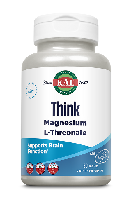 Eine weiße Flasche mit dem Etikett 'Think Magnesium L-Threonate', unterstützt Gehirnfunktion, 60 Tabletten, glutenfrei, nicht gentechnisch verändert.