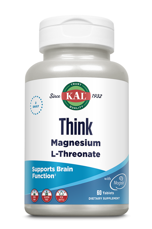 Eine weiße Flasche mit dem Etikett 'Think Magnesium L-Threonate', unterstützt Gehirnfunktion, 60 Tabletten, glutenfrei, nicht gentechnisch verändert.
