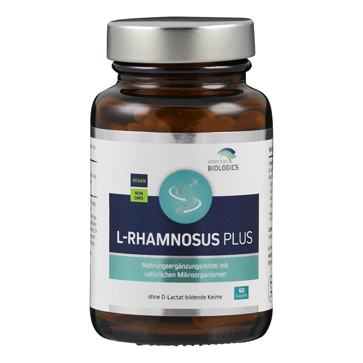 Braunes Glasfläschchen mit silbernem Deckel, Etikett "L-RHAMNOSUS PLUS", vegan, non-GMO, 60 Kapseln.