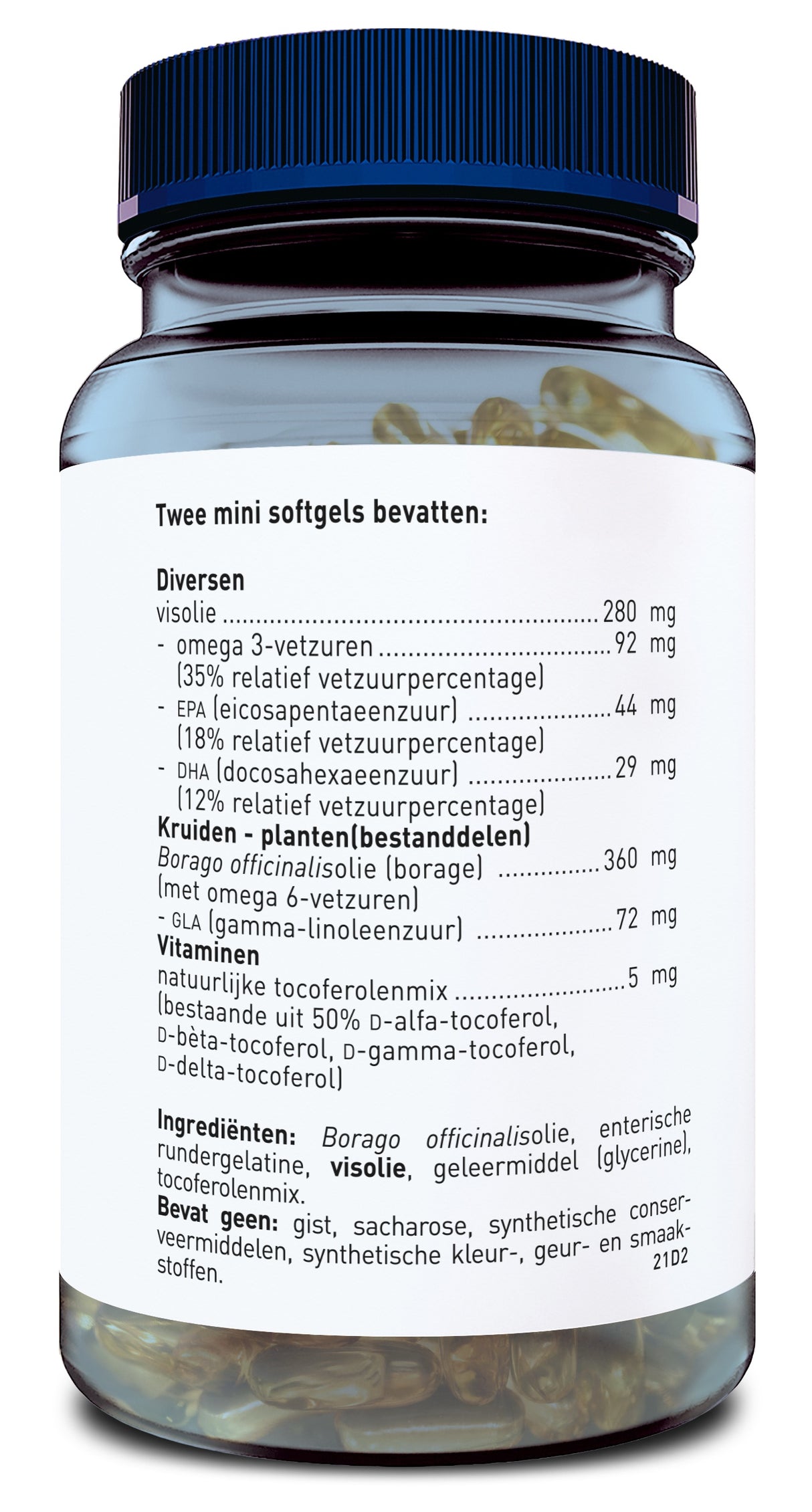 Ein Glasbehälter mit blauem Deckel, gefüllt mit gelben Mini-Softgel-Kapseln. Auf dem Etikett steht in niederländischer Sprache eine Liste von Inhaltsstoffen und Nährwerten, darunter Visolie, Omega-3-Fettsäuren, EPA, DHA und Borago-Öl.