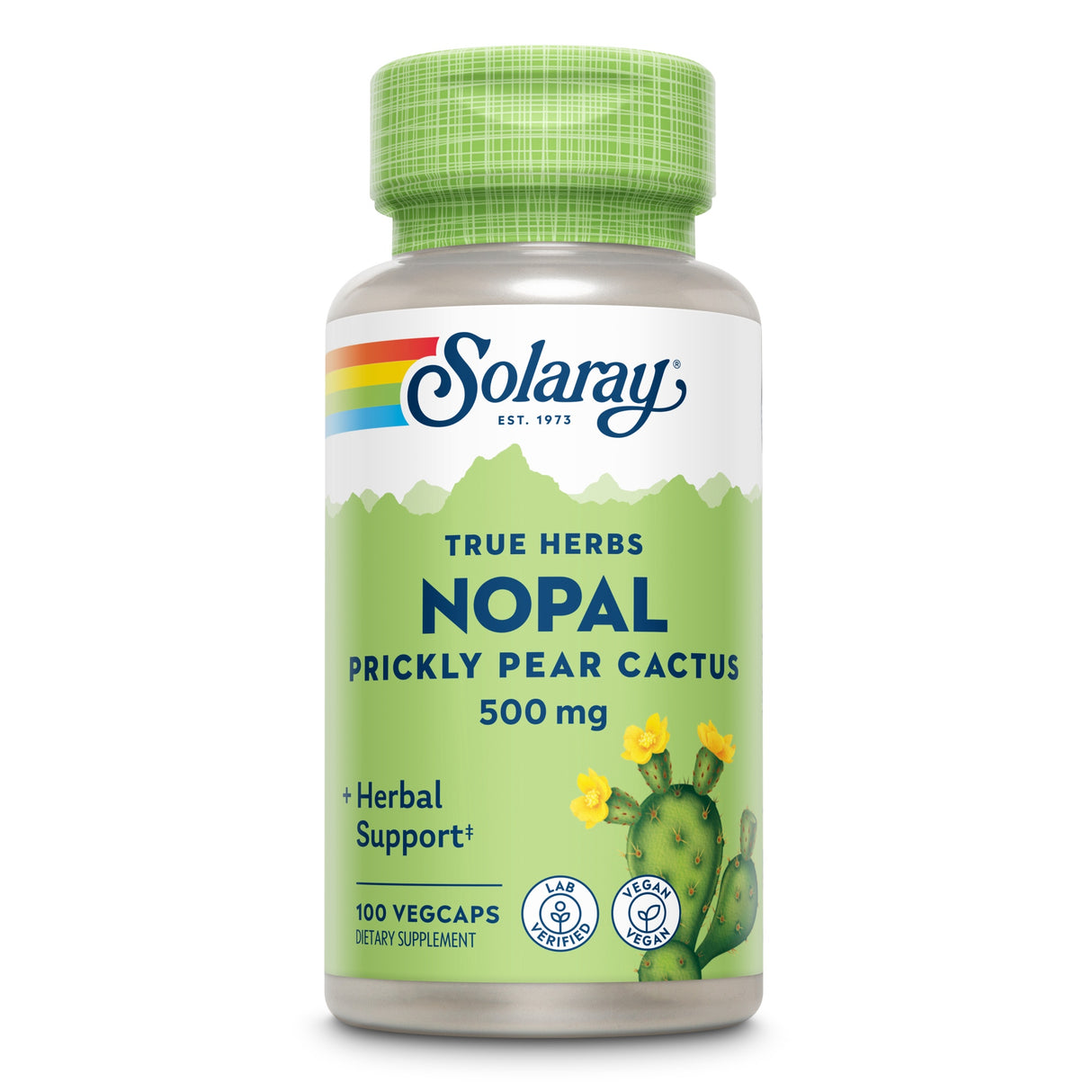 Die Abbildung zeigt eine Flasche mit Nahrungsergänzungsmitteln der Marke Solaray. Auf dem Etikett steht 'True Herbs Nopal Prickly Pear Cactus 500 mg', zusammen mit einem Bild eines Kaktus und den Worten 'Herbal Support'. Die Flasche enthält 100 vegane Kapseln und ist als 'Lab Verified' und 'Vegan' gekennzeichnet. Das Design ist in Grün- und Gelbtönen gehalten.