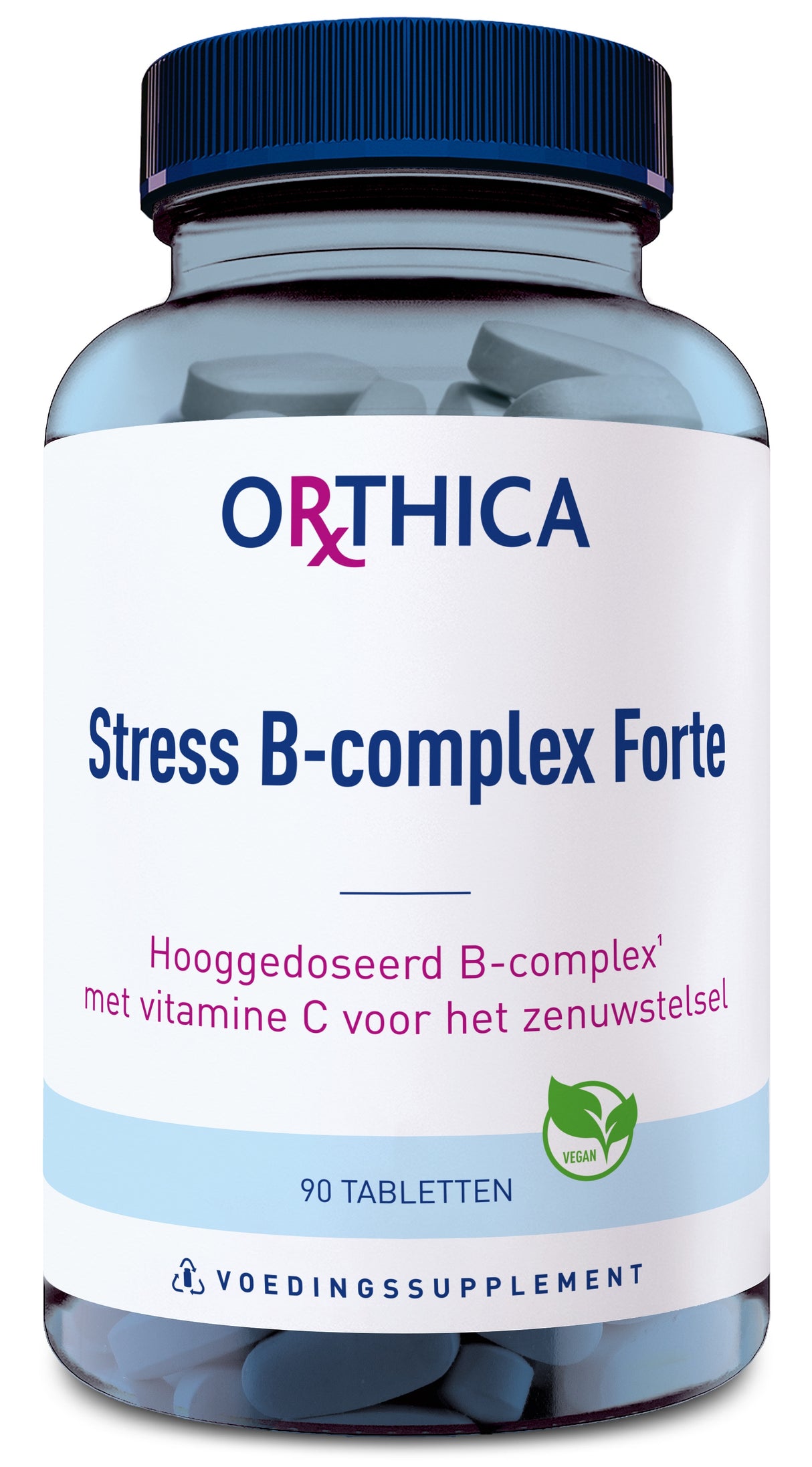 Eine Flasche mit einem blauen Deckel und einem Etikett, auf dem 'ORTHICA Stress B-complex Forte' steht. Das Etikett beschreibt das Produkt als ein hochdosiertes B-Komplex mit Vitamin C für das Nervensystem. Enthält 90 Tabletten und ist vegan.