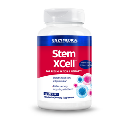 Ein Nahrungsergänzungsmittel namens Stem XCell von Enzymedica in einer weißen Flasche mit rotem Etikett. Enthält 60 vegetarische Kapseln.