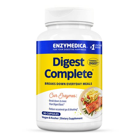 Enzymedica Digest Complete Flasche mit 90 Kapseln, Nahrungsergänzungsmittel zur Unterstützung der Verdauung. Gelbes Etikett mit blauem Logo.