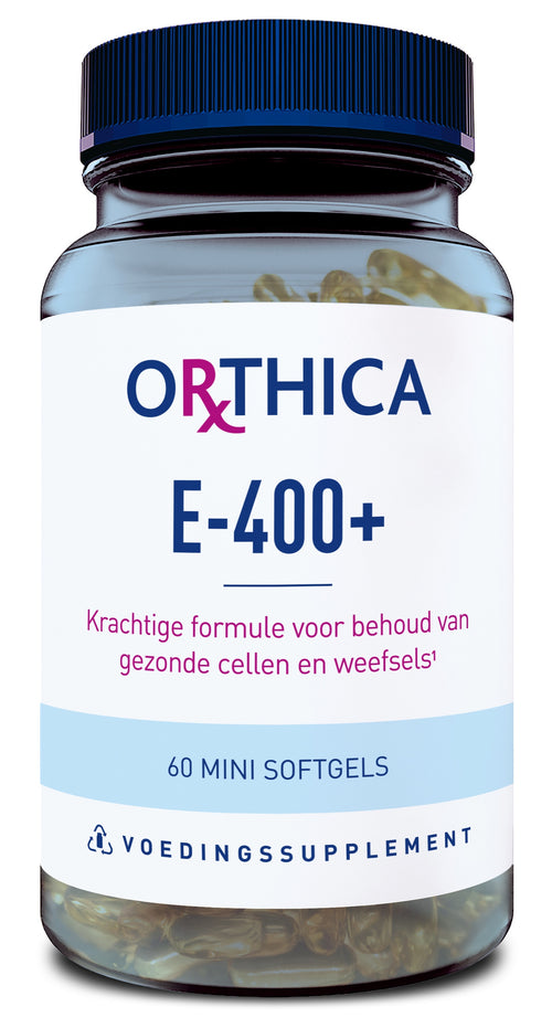Ein Glasbehälter mit blauer Kappe, gefüllt mit Mini-Softgels. Auf dem Etikett steht 'Orthica E-400+', 'Krachtige formule voor behoud van gezonde cellen en weefsels', '60 Mini Softgels', 'Voedingssupplement'.