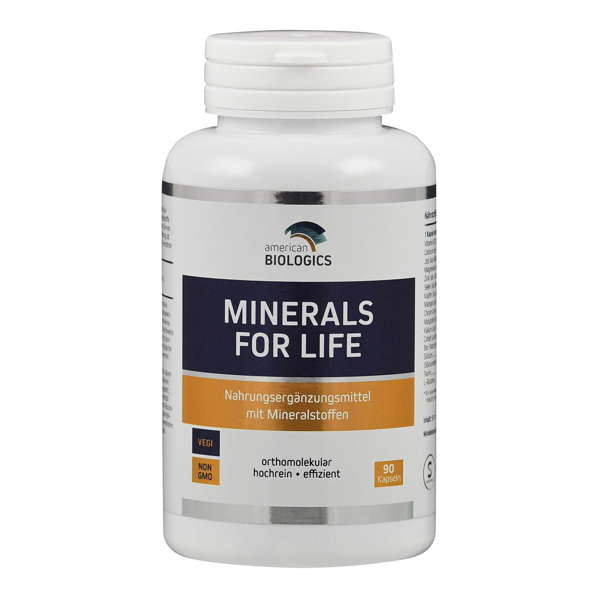 Weiße Flasche mit Etikett 'MINERALS FOR LIFE', Nahrungsergänzungsmittel. Enthält 90 Kapseln, vegan, gentechnikfrei, von American Biologics.
