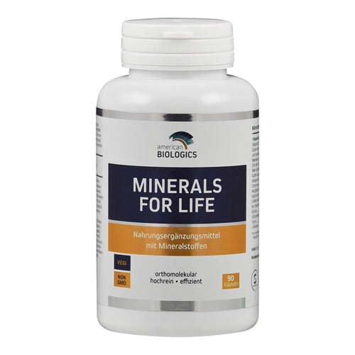 Weiße Flasche mit Etikett 'MINERALS FOR LIFE', Nahrungsergänzungsmittel. Enthält 90 Kapseln, vegan, gentechnikfrei, von American Biologics.