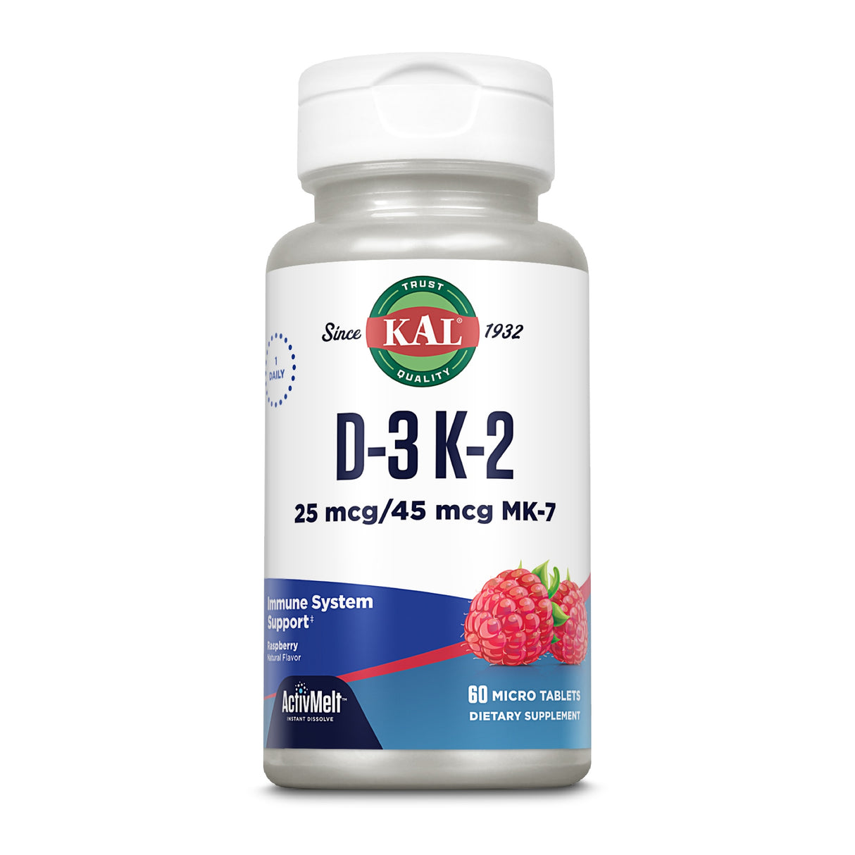 Flasche mit Nahrungsergänzungsmittel KAL D-3 K-2, 60 Mikrotabletten, Himbeergeschmack, Immunsystem-Unterstützung.