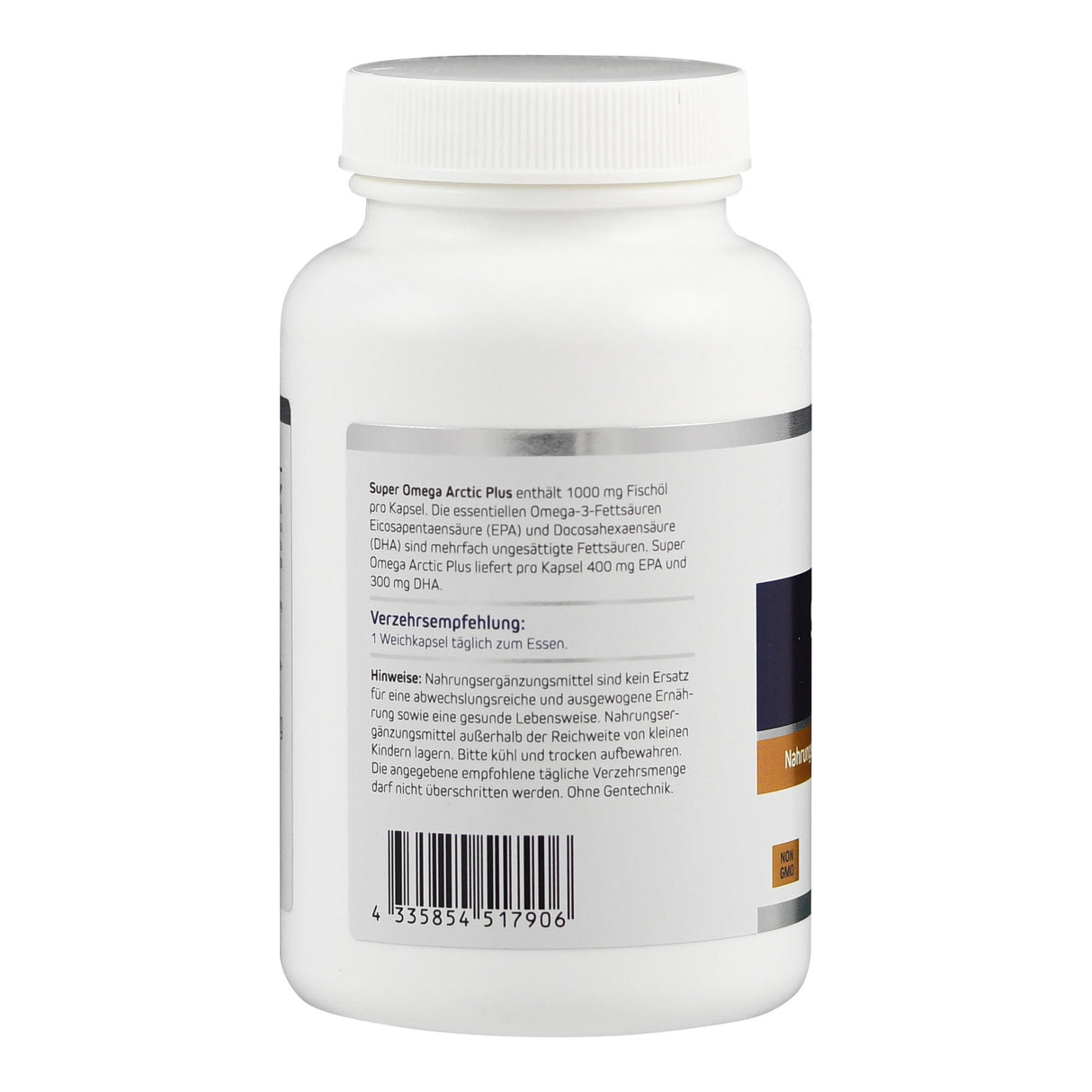 Das Bild zeigt eine weiße Plastikflasche mit einem Schraubverschluss. Auf der Flasche befindet sich ein Etikett mit Informationen zu einem Nahrungsergänzungsmittel namens "Super Omega Arctic Plus". Das Etikett enthält Details zu Inhaltsstoffen wie Fischöl, EPA und DHA sowie Verzehrempfehlungen und Hinweise zur Lagerung. Ein Barcode ist ebenfalls sichtbar.