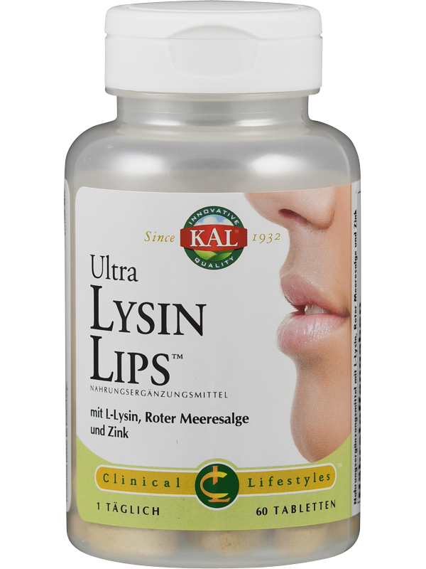 Das Bild zeigt eine Plastikflasche mit einem weißen Schraubverschluss. Auf dem Etikett steht 'Ultra Lysin Lips' von der Marke KAL. Darunter sind die Inhaltsstoffe L-Lysin, Rote Meeresalge und Zink aufgeführt. Auf der rechten Seite des Etiketts ist ein Teil eines Gesichts mit geschlossenen Lippen zu sehen. Die Flasche enthält 60 Tabletten und ist als Nahrungsergänzungsmittel gekennzeichnet.