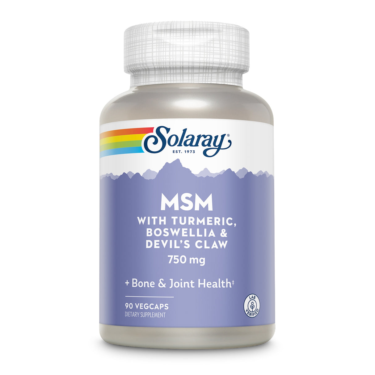 Das Bild zeigt eine Flasche des Nahrungsergänzungsmittels Solaray MSM mit Kurkuma, Boswellia und Teufelskralle. Die Flasche ist in Blau und Weiß gehalten und hat einen Regenbogenstreifen oben. Der Text auf der Flasche beschreibt die Inhaltsstoffe und die Dosierung von 750 mg für die Unterstützung von Knochen- und Gelenkgesundheit. Die Flasche enthält 90 VegCaps.