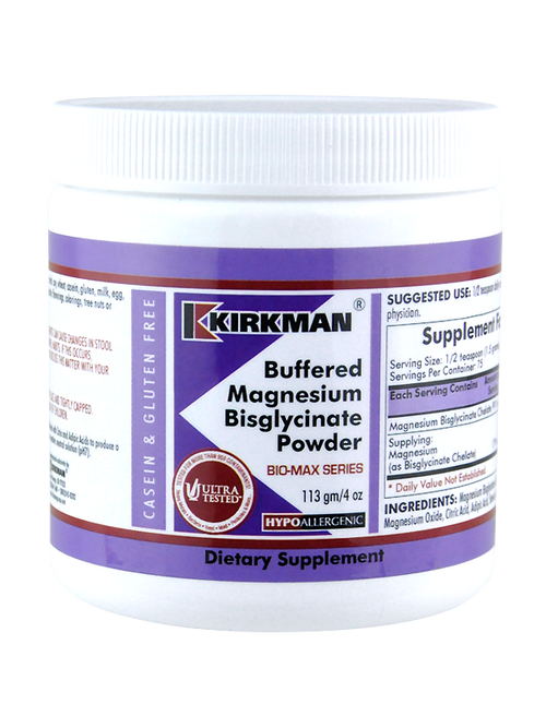 Ein weißer Behälter mit lila Etikett von Kirkman, das "Buffered Magnesium Bisglycinate Powder" anzeigt. Das Etikett enthält Informationen zur Dosierung und Inhaltsstoffen. Der Behälter ist als hypoallergen und glutenfrei gekennzeichnet.