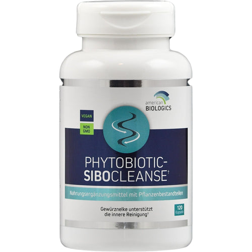 Ein weißes Kunststofffläschchen mit dem Etikett 'PHYTIOBIOTIC-SIBOCLEANSE' von American Biologics. Das Etikett zeigt Symbole für 'Vegan' und 'Non-GMO'. Enthält 120 Kapseln eines Nahrungsergänzungsmittels mit Pflanzenbestandteilen. Aufschrift: 'Gewürznelke unterstützt die innere Reinigung'.