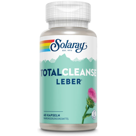 Das Bild zeigt eine Flasche des Nahrungsergänzungsmittels Solaray Total Cleanse Leber. Die Flasche ist türkis mit einem weißen Deckel und zeigt eine stilisierte Mariendistel. Auf dem Etikett stehen die Wörter 'Total Cleanse Leber' und '60 Kapseln'.