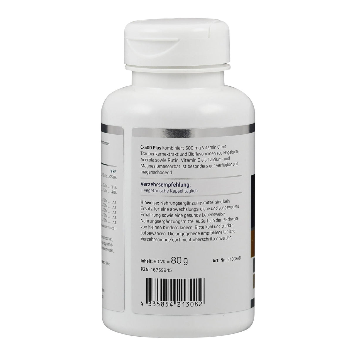 Ein weißes Plastikfläschchen mit einem Etikett, das Informationen über Nahrungsergänzungsmittel enthält. Das Etikett beschreibt C-500 Plus, das 500 mg Vitamin C mit Traubenkernextrakt und Bioflavonoiden kombiniert. Es gibt auch Hinweise zur Einnahme und Lagerung. Auf dem Etikett sind ein Barcode und verschiedene Nummern wie PZN und Artikelnummer sichtbar.