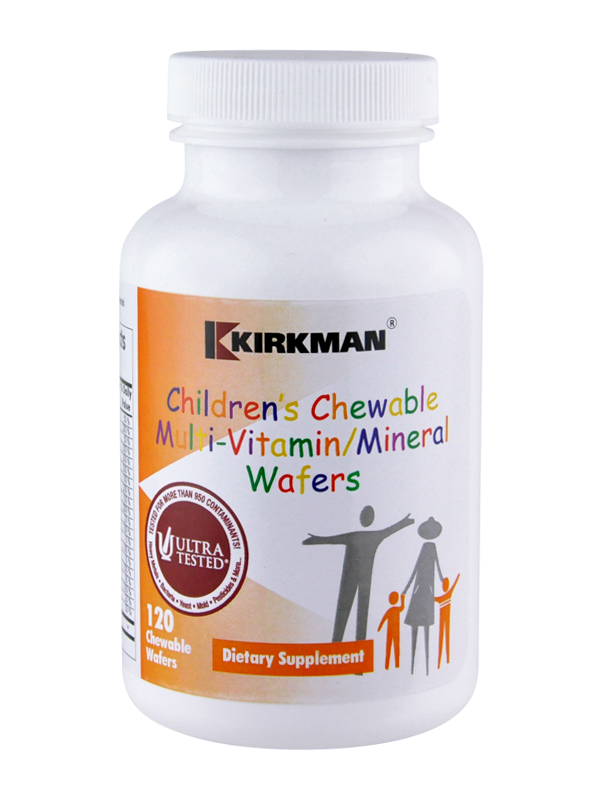 Eine weiße Plastikflasche mit Schraubverschluss, die das Produkt 'Kirkman Children's Chewable Multi-Vitamin/Mineral Wafers' enthält. Auf dem Etikett sind bunte Schriftzüge und Illustrationen von Menschen zu sehen. Ein Siegel mit der Aufschrift 'Ultra Tested' ist ebenfalls sichtbar. Die Flasche enthält 120 kaubare Wafers und ist als Nahrungsergänzungsmittel gekennzeichnet.