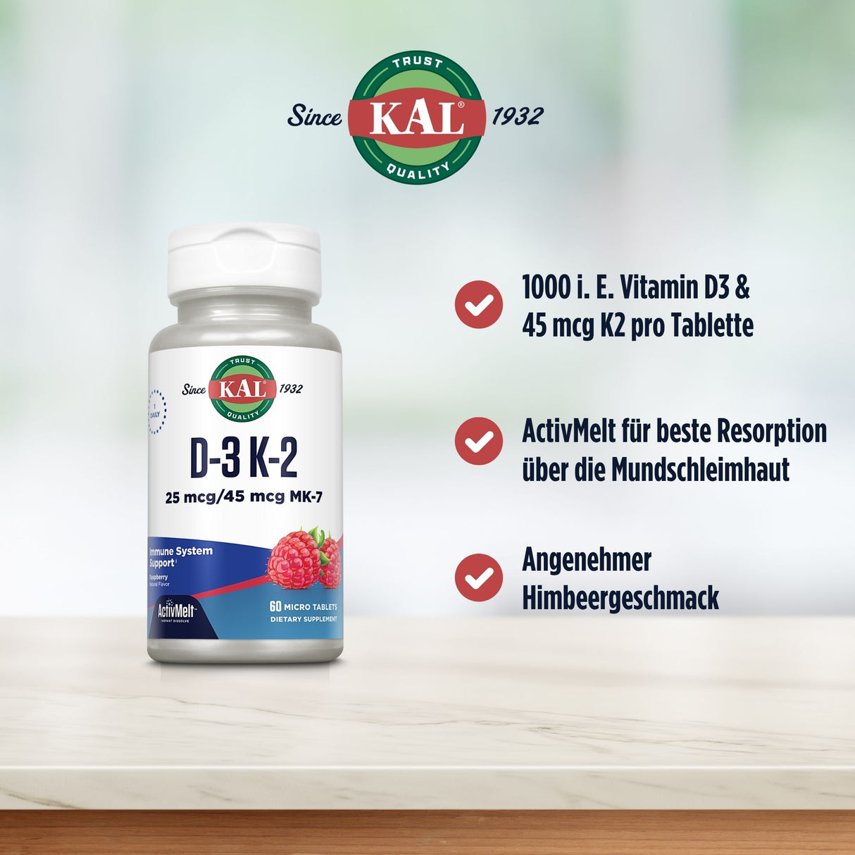 Vitaminpräparat KAL D-3 K-2 mit Himbeergeschmack, 1000 i. E. Vitamin D3, 45 mcg K2, ActivMelt-Technologie, 60 Tabletten.