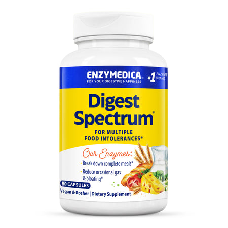 Eine Flasche Enzymedica Digest Spectrum Nahrungsergänzungsmittel mit 90 Kapseln, vegan und koscher, für verschiedene Nahrungsmittelunverträglichkeiten.