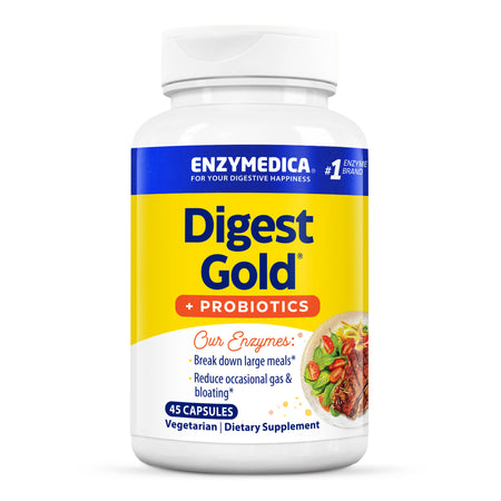 Eine weiße Flasche mit gelbem Etikett, "Digest Gold + Probiotics" von Enzymedica, 45 vegetarische Kapseln.