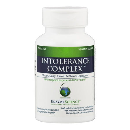 Eine weiße Flasche mit dem Etikett "Intolerance Complex" von Enzyme Science. Es ist ein Nahrungsergänzungsmittel für die Verdauung von Gluten, Milch, Casein und Phenolen.