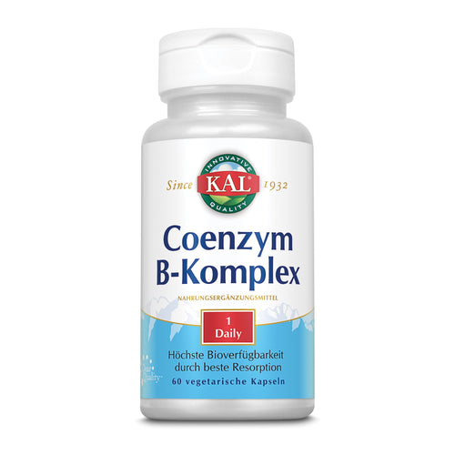 Weiße Flasche mit Aufschrift "KAL Coenzym B-Komplex", Nahrungsergänzungsmittel, 60 vegetarische Kapseln. "1 Daily" und "Höchste Bioverfügbarkeit".