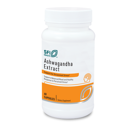 Eine weiße Plastikflasche mit einem weißen Schraubverschluss ist auf einem weißen Hintergrund abgebildet. Auf dem Etikett der Flasche steht "SFI Health Ashwagandha Extract". Darunter befindet sich der Text "Support for Occasional Stress" und "Supports Balanced Mood and Healthy Response to Perceived Stress". Das Etikett ist in Weiß und Orange gestaltet. Die Flasche enthält 60 Kapseln und ist als Nahrungsergänzungsmittel gekennzeichnet.