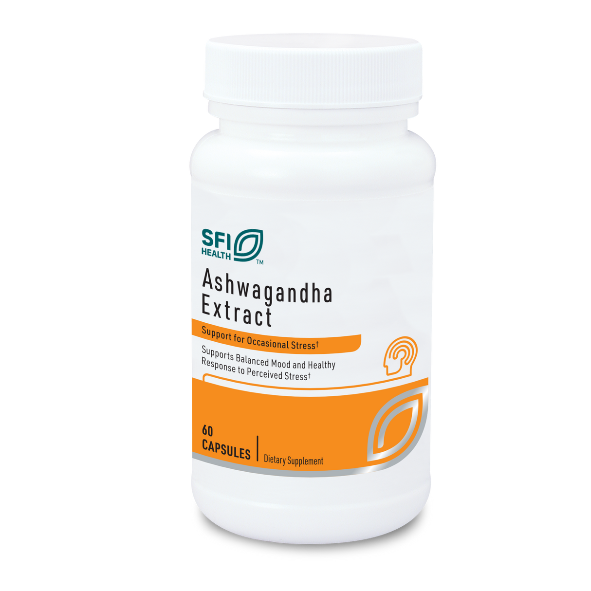 Eine weiße Plastikflasche mit einem weißen Schraubverschluss ist auf einem weißen Hintergrund abgebildet. Auf dem Etikett der Flasche steht "SFI Health Ashwagandha Extract". Darunter befindet sich der Text "Support for Occasional Stress" und "Supports Balanced Mood and Healthy Response to Perceived Stress". Das Etikett ist in Weiß und Orange gestaltet. Die Flasche enthält 60 Kapseln und ist als Nahrungsergänzungsmittel gekennzeichnet.