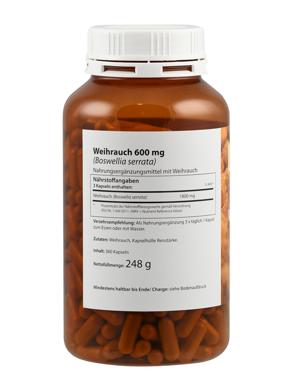 Braune Flasche mit Etikett 'Weihrauch 600 mg (Boswellia serrata)', Nahrungsergänzungsmittel. Enthält 360 Kapseln, Nettogewicht 248 g.