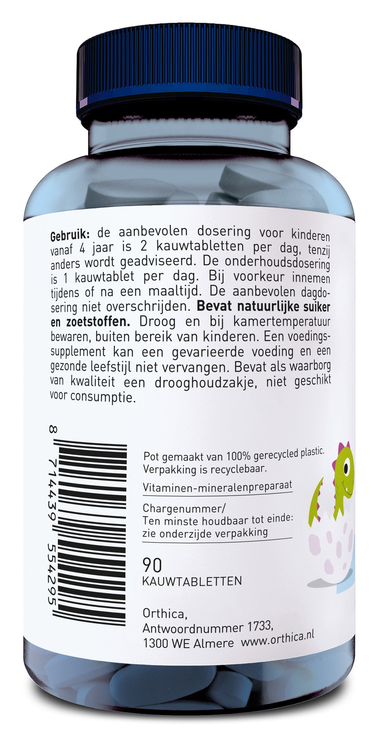Das Bild zeigt eine Flasche mit blauen Kau-Tabletten von Orthica. Auf dem Etikett sind Gebrauchsanweisungen auf Niederländisch zu sehen. Die Flasche hat einen blauen Deckel und ist aus recyceltem Plastik. Die Adresse des Herstellers in Almere, Niederlande, ist ebenfalls angegeben.