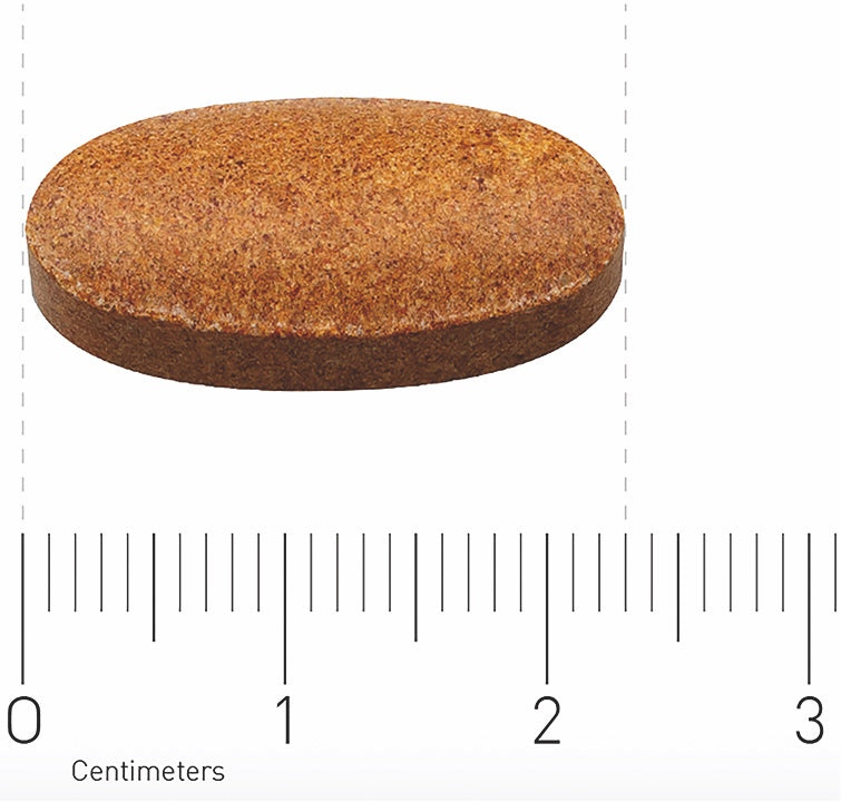 Eine braune, ovale Tablette liegt auf einem weißen Hintergrund. Unter der Tablette befindet sich ein Lineal, das in Zentimetern skaliert ist und die Größe der Tablette anzeigt. Die Tablette misst etwa 2,5 cm in der Länge.
