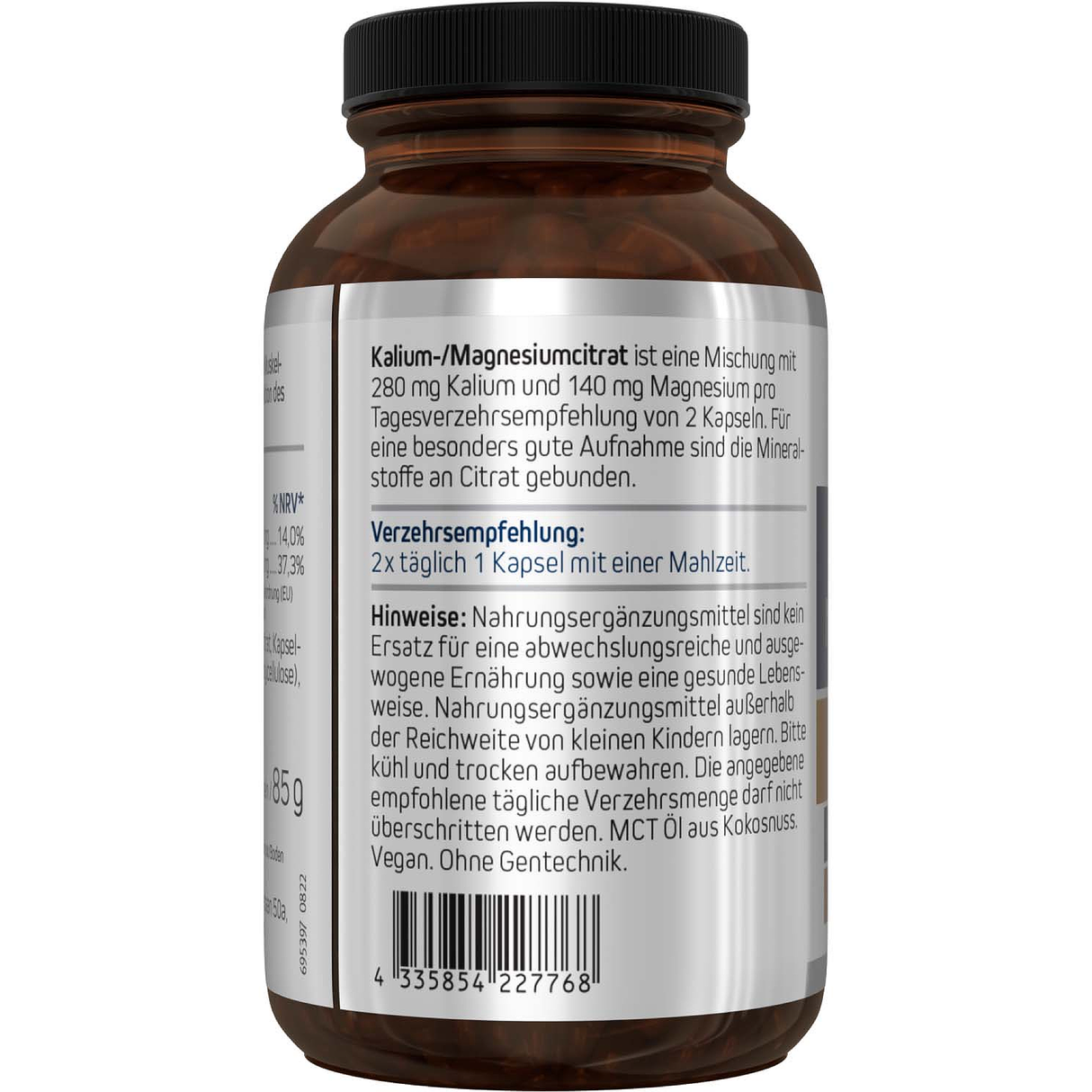 Eine weiße Plastikflasche mit der Aufschrift 'Kalium-/Magnesiumcitrat' von American Biologics steht vor einem weißen Hintergrund. Die Flasche enthält Nahrungsergänzungsmittel mit Kalium und Magnesium, ist vegan und gentechnikfrei. Auf dem Etikett sind 280 mg Kalium und 140 mg Magnesium pro Tagesverzehrsempfehlung angegeben. Zwei Kapseln liegen vor der Flasche.