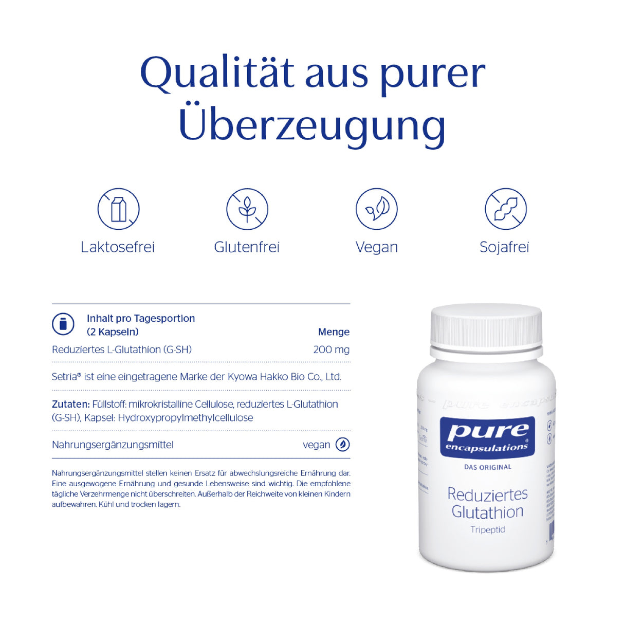 Das Bild zeigt ein Produktetikett für "Reduziertes Glutathion" von Pure Encapsulations. Oben steht "Qualität aus purer Überzeugung". Darunter sind Symbole für laktosefrei, glutenfrei, vegan und sojafrei. Rechts ist eine weiße Flasche mit dem Produktetikett zu sehen.