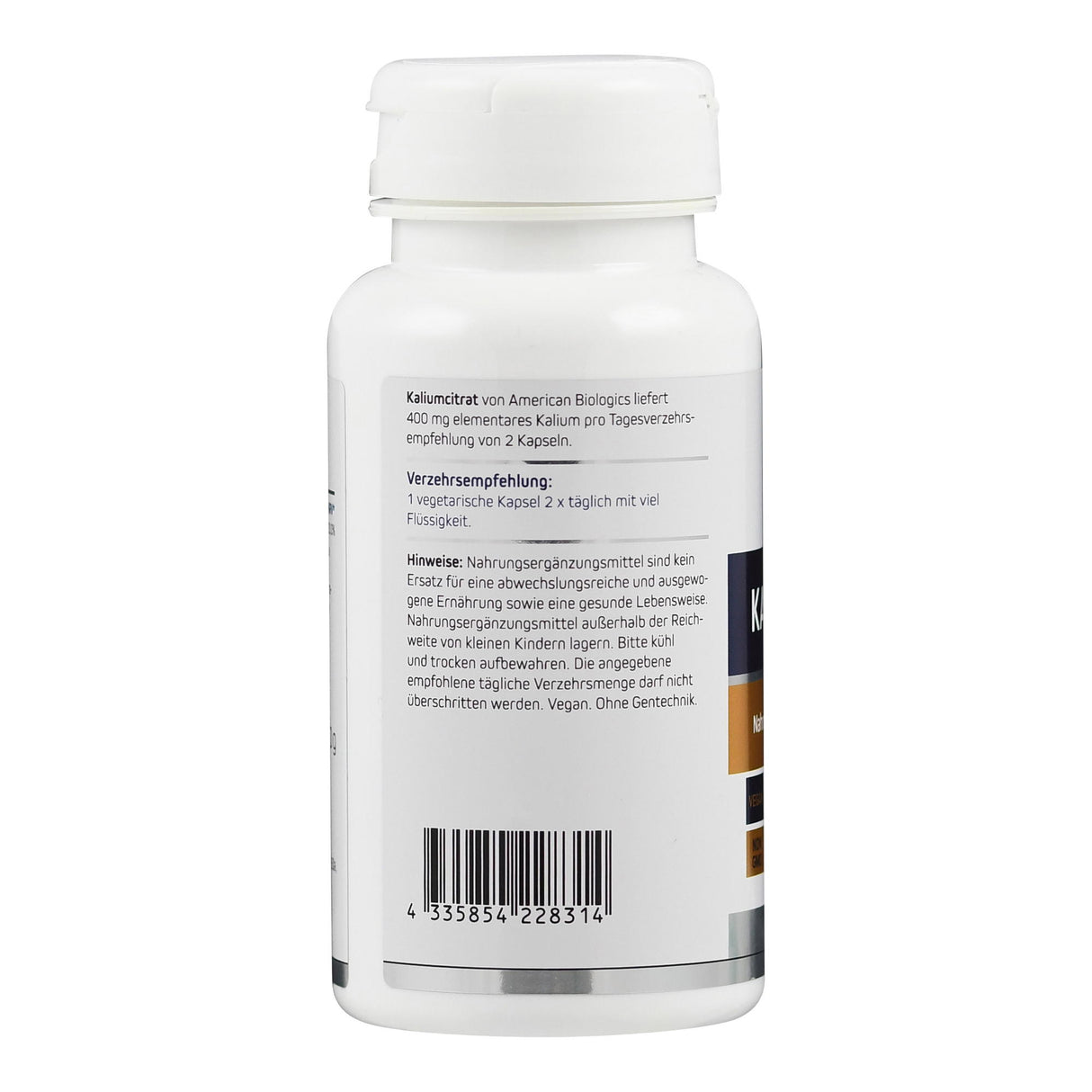 Flasche mit Nahrungsergänzungsmittel, Kaliumcitrat, von American Biologics. 400 mg Kalium pro 2 Kapseln. Hinweise zur Lagerung und Einnahme auf Etikett.