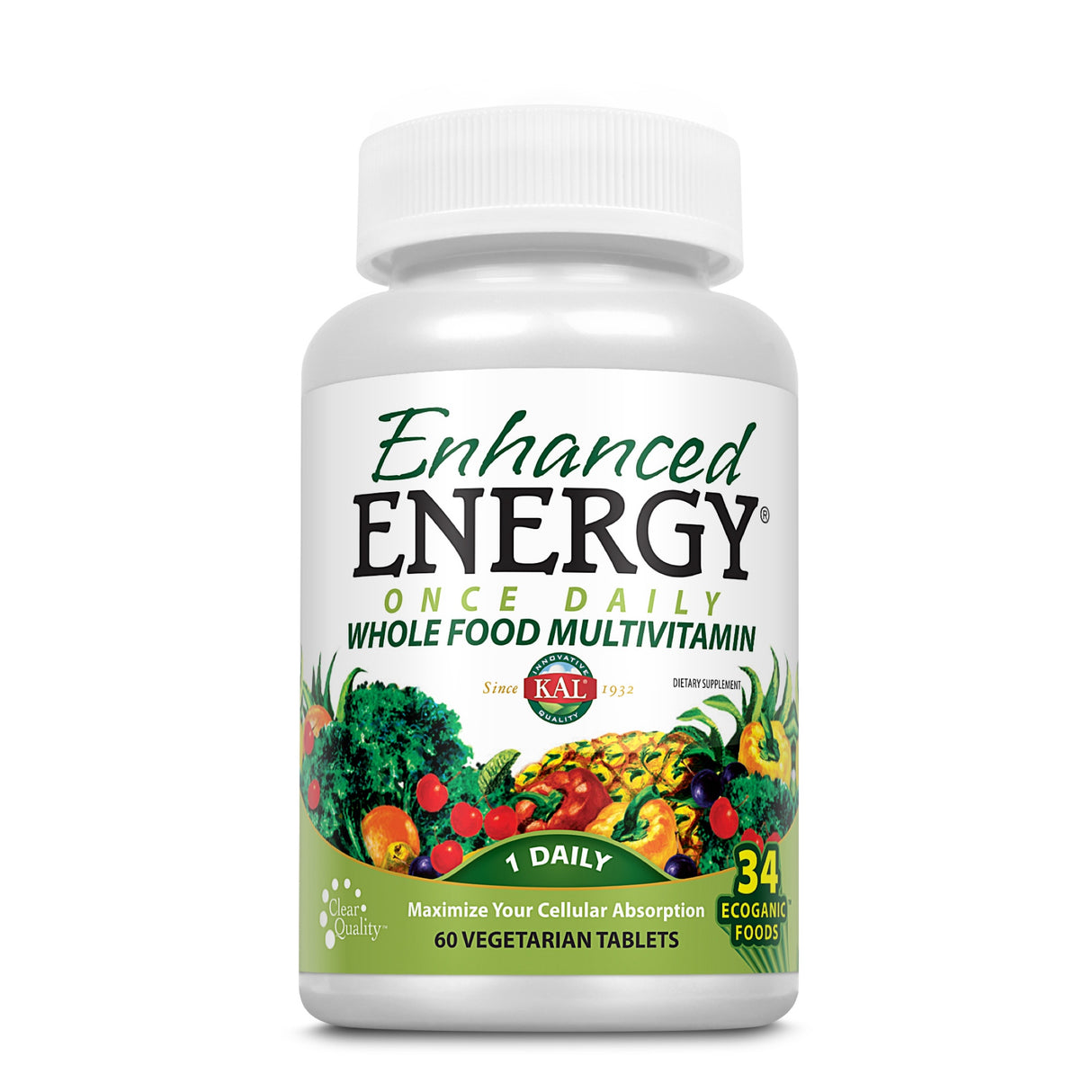 Flasche mit "Enhanced Energy" Multivitamin, 60 Tabletten, vegetarisch, tägliche Einnahme, enthält 34 ökologische Nahrungsmittel.
