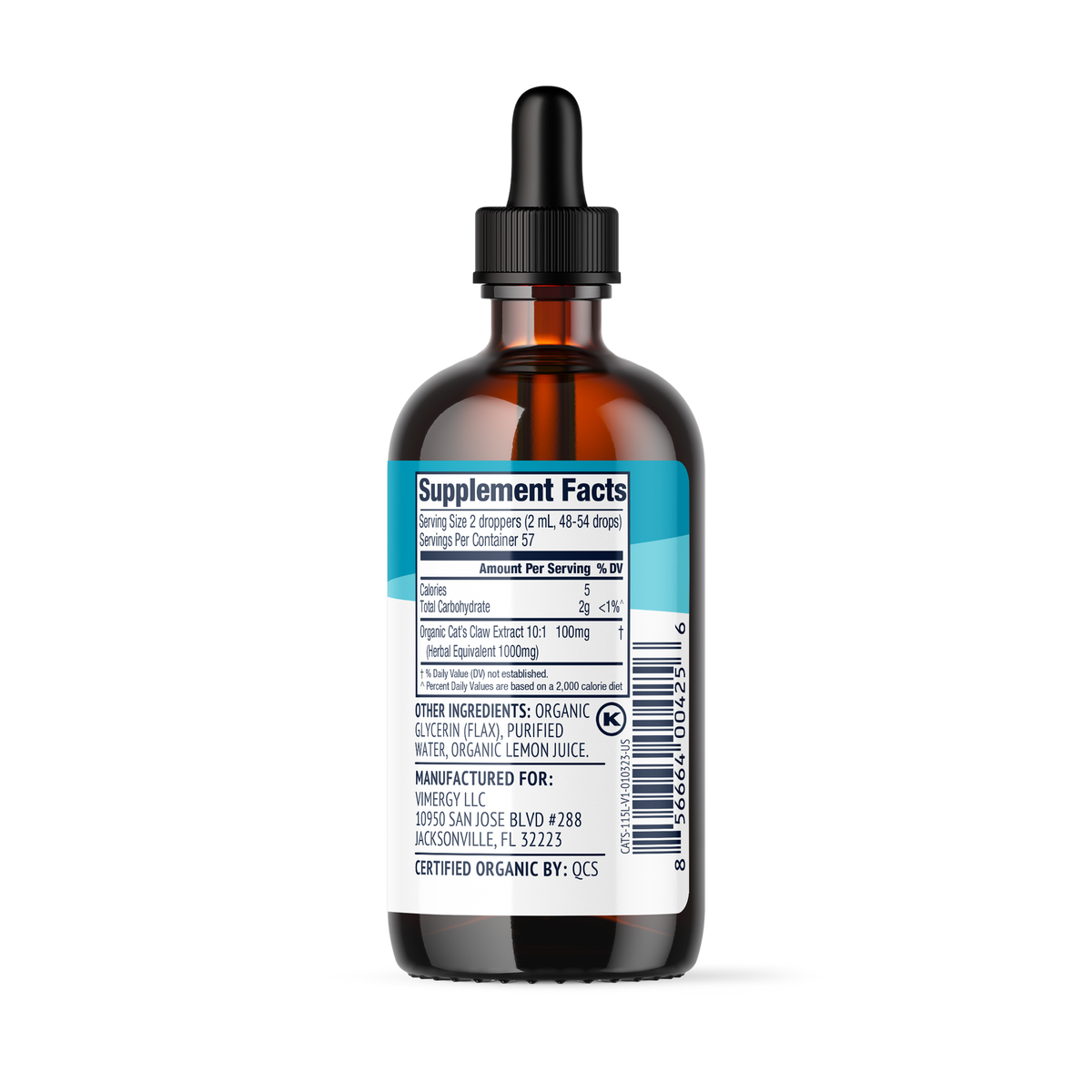 Ein braunes Glasfläschchen mit einem schwarzen Tropfverschluss. Auf dem Etikett sind die Supplement Facts und Inhaltsstoffe aufgedruckt. Das Produkt ist ein Nahrungsergänzungsmittel mit Katzenkralle-Extrakt.