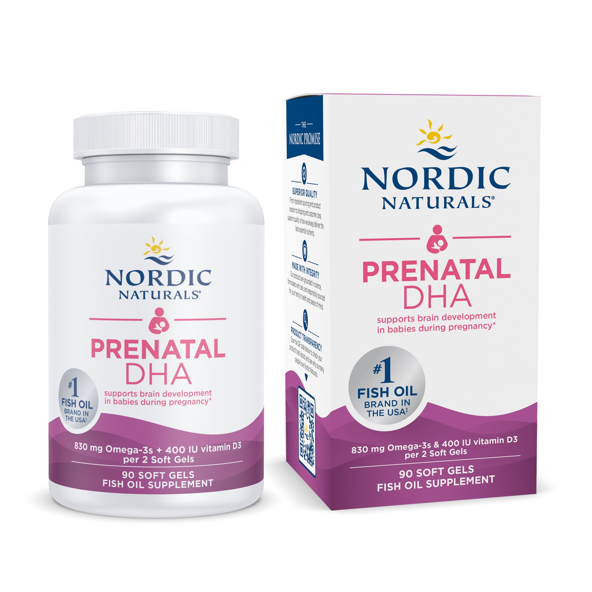 Flasche und Verpackung von Nordic Naturals Prenatal DHA, Fischöl-Ergänzungsmittel mit Omega-3 und Vitamin D3, unterstützt Gehirnentwicklung in der Schwangerschaft.