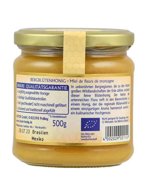 Ein Glas Bergblütenhonig mit Qualitätsgarantie. Herkunft: Brasilien, Mexiko. Inhalt: 500g. Nicht für Säuglinge unter 12 Monaten geeignet.